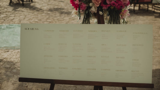 A sign showing the seating chart at a wedding