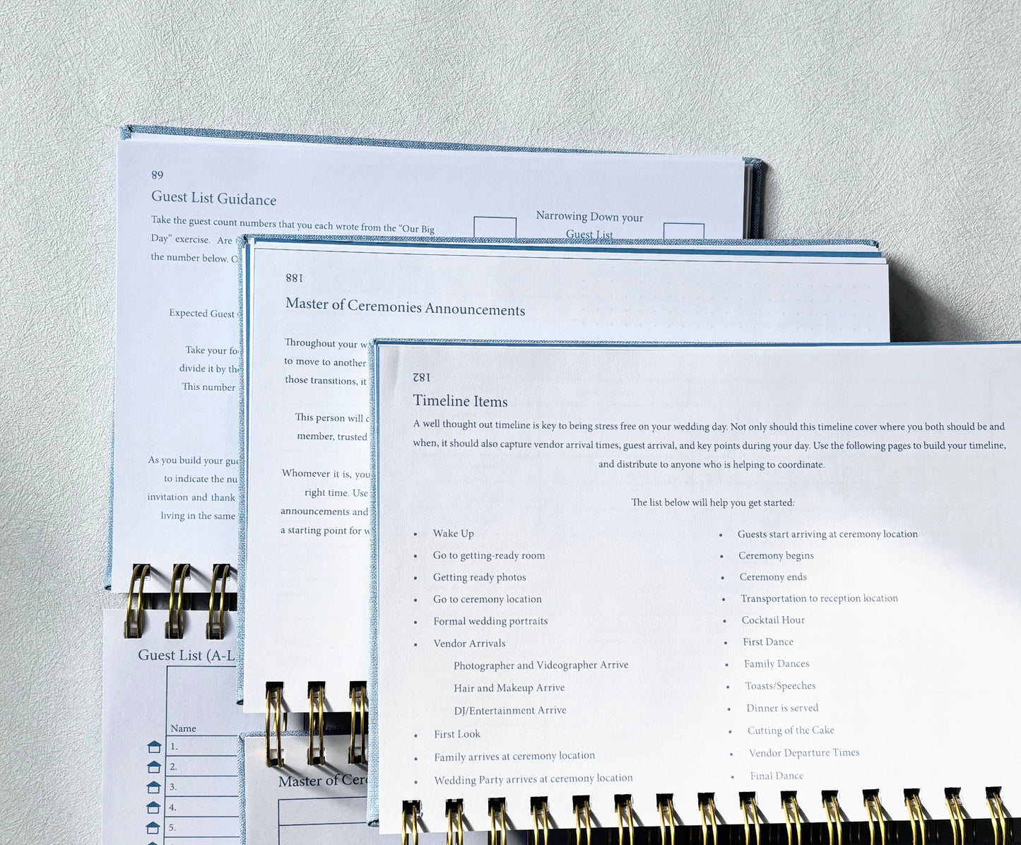 Example pages of the wedding planning booklet covering timeline, guest list, and master of ceremonies announcements
