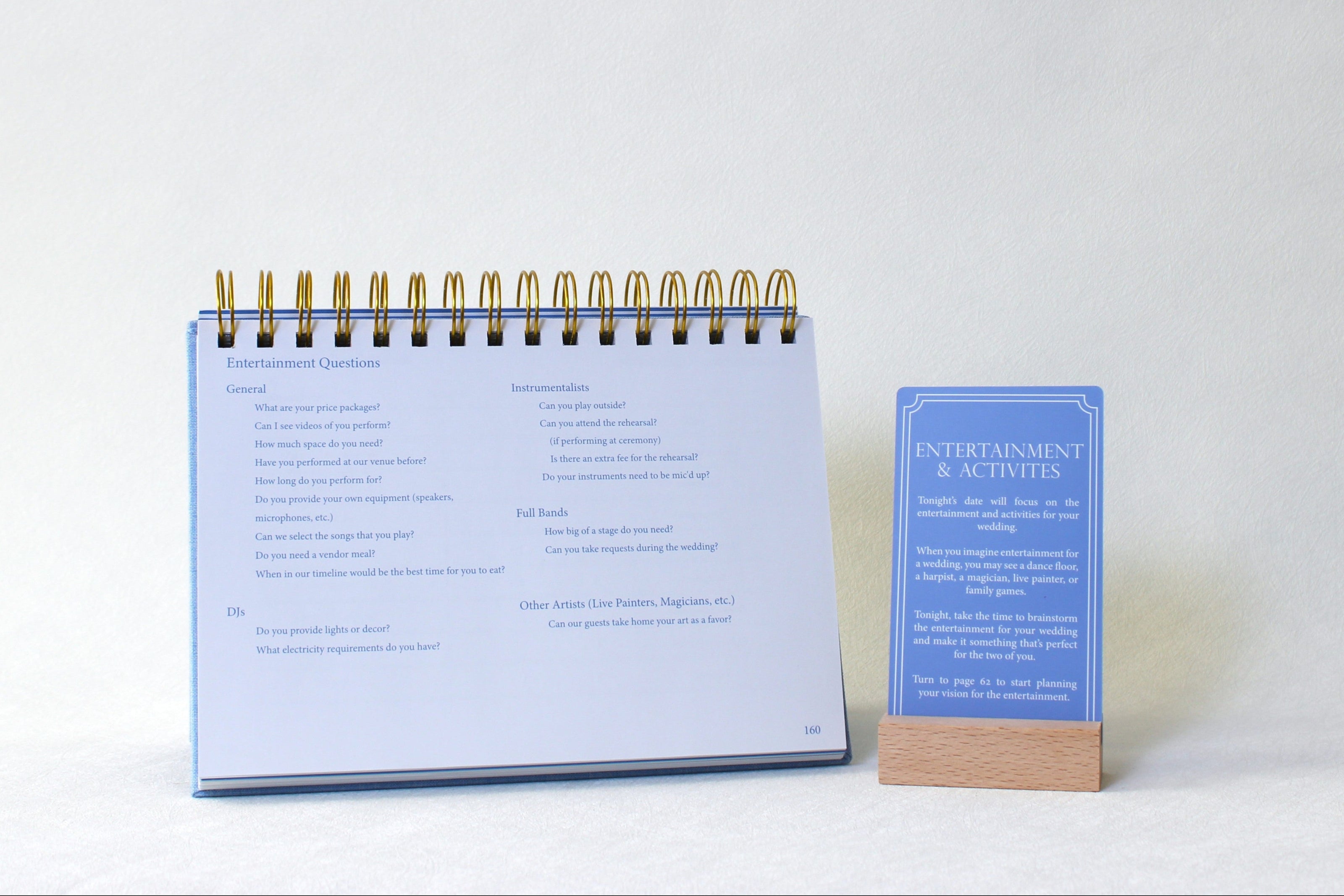 Entertainment and Activities date night card and corresponding page in the wedding planner